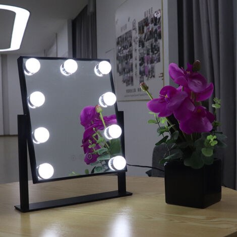, Miroir de courtoisie Hollywood, 25 cm x 30 cm, 3 couleurs de luminosité réglable, miroir de courtoisie en verre antidéflagrant avec 9 ampoules LED à intensité variable, noir (1/5)