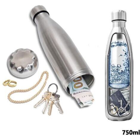 Bouteille D'eau Sûre avec Compartiment Secret Caché - Boîte de Rangement en Acier Inoxydable pour Billets, Clés, Clés de Voiture - Le fond se Dévisse pour Ranger vos Objets de Valeur 730ML Arg (1/5)