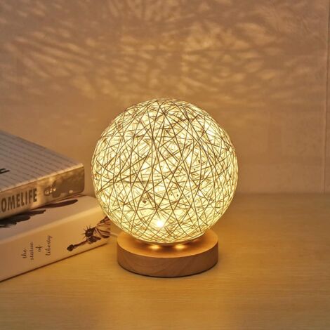 Lampe de table en bois, lampe de table USB avec abat-jour sphérique en rotin travaillé à la main lampe de lune en bois pour chambre à coucher décorative de table de chevet (blanc) (1/5)