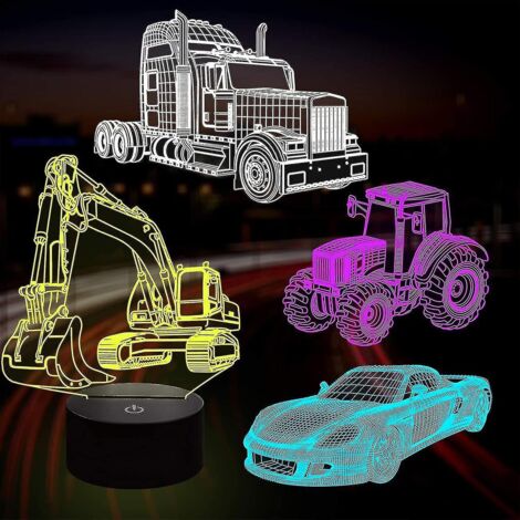 Attoe Lampe de voiture 3D Veilleuse Illusion 3D pour enfants, camion, tracteur, pelle, 16 couleurs changeantes avec télécommande, intensité variable (4 modèles), chambre d'enfant D (1/4)