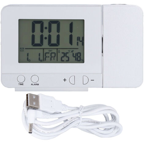 Réveil à Projection, Radio-réveil Numérique avec Projecteur Plafond Rotatif à 180° avec Station Météo, Thermomètre sans Fil, Répétition D'alarme Double, Chargeur Téléphone USB, 4 Modes Lumino (1/5)