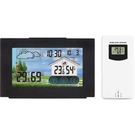 FOREHILL Noir Station météo sans Fil Horloge de météo colorée numérique avec capteur extérieur Thermomètre, extérieur intérieur avec Date Température Humidité Baromètre Alarme Phase, de la Lune Horlog (1/3)