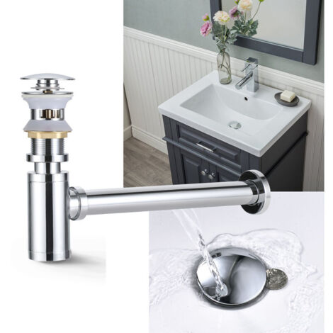 Bonde + Siphon de Lavabo Push et Pop Up avec Trop-Plein Set de Siphon Mural en Laiton Chromé Ensemble de Vidange Universel Accessoire de Salle de Bain - Chrome (1/5)