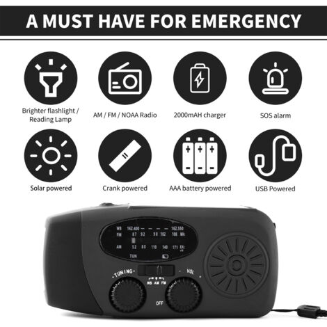 Eosnow Radio d'urgence à manivelle, avec lampe torche LED pour AM/FM, dynamo météo portable NOAA, batterie externe 2000 mAh, chargeur de téléphone USB et camping solaire