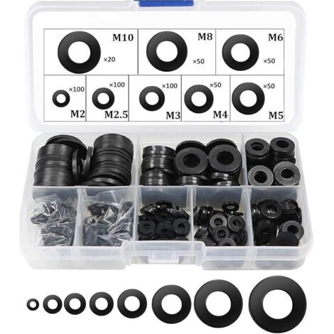 Rondelle Nylon Entretoise Plastique M2 M2.5 M3 M4 M5 M6 M8 M10 Ronde de Rondelle Plate 520 Pièces(Noir) (1/4)