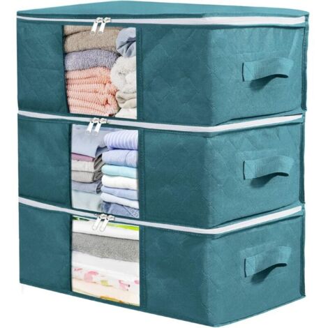 3 Paquet (Bleu) Sac De Rangement Vetement, Boite Rangement Vetements sous Lit, Finition des Vêtements en Tissue, pour Ranger Couettes, Vêtements, literie, Etanche, 48 x 35 x 20 cm