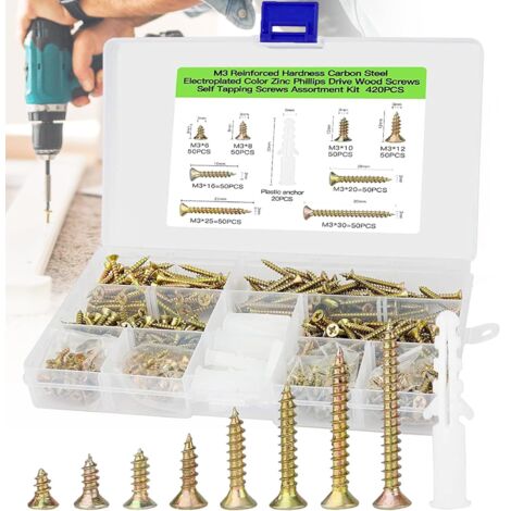 420 Pièces Vis à Bois Autotaraudeuses, Vis à Tête Plate Croisée, Vis Autoperceuses, Assortiment de Vis pour Cloisons Sèches Multi-usages - M3 x (6/8/10/12/16/20/25/30 mm) (1/5)