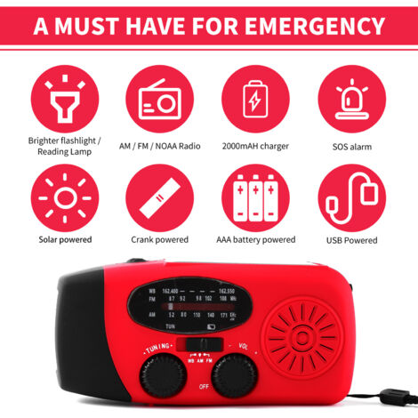 Eosnow Radio d'urgence à manivelle, avec lampe torche LED, pour AM/FM NOAA, météo portable, dynamo, batterie externe 2000 mAh, chargeur de téléphone, chargement USB et camping solaire (1/5)