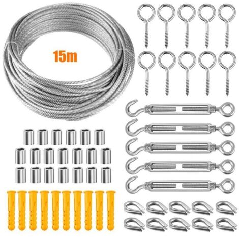 304 Fil Inox,Câble en Acier Inoxydable Kit,Kit Cable Métallique,2mm Tendeur Cable Inox,Support pour Plantes Grimpantes,Corde a Linge,Exterieur Tendeur fil a Linge Exterieure (15m) (1/5)