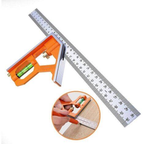 Jusch – Règle d'angle combinée en acier inoxydable 300 mm – Équerre avec niveau à bulle – Mesures précises à 45°/90° – Outil de menuisier