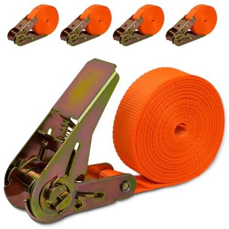 Lot de 4 Sangles à Cliquet 6m x 25mm, Sangle de Transport Orange avec Crochet, Capacité de Charge 1000kg - Sangles à Cliquet pour Vélo, Moto, Remorque, Déménagement et Plus (1/5)