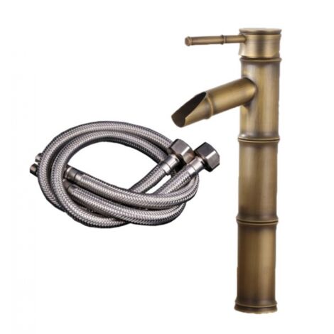 BEBUSINGOTO Robinet mitigeur de lavabo cascade, 3 connecteurs de rupture, robinet monotrou eau chaude et froide disponible, robinet de salle de bain en bronze (1/5)