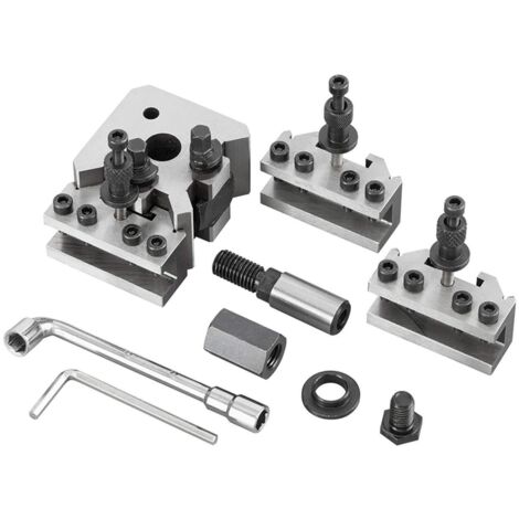 Fervi – Tourelle porte-outils changement rapide – Accessoire pour tour à métaux – Goupille de verrouillage – Coffret avec 1 tourelle et 2 porte-outils – T00A1