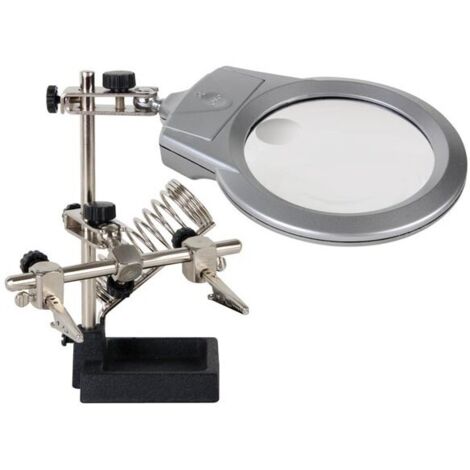 Velleman – Troisième main avec loupe éclairante VTHH3N – Support fer à souder avec pinces crocodiles – Lentille Ø 90 mm 2.00x – Alimentation 3 piles AAA