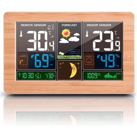 Station Météo Thermomètre Hygromètre Baromètre Intérieur Extérieur avec Capteur LED Ecran, Rétro-éclairage Horloge Numérique Affichage Heure Date Jour Phase de Lune (Jaune) (1/4)
