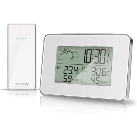 Station météo sans Fil hygromètre pour thermomètre extérieur intérieur avec capteur extérieur Écran LCD Moniteur d'humidité numérique de la température avec rétroéclairage (Blanc) (1/5)