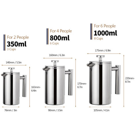 Cafetière à piston française 800 ml, cafetière isotherme à double paroi en acier inoxydable