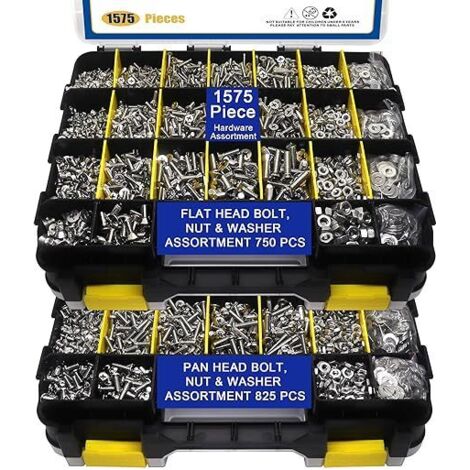 Largeight – Kit de 1575 boulons et écrous en acier inoxydable 304 – Vis à tête plate et cruciforme – Résistant à la rouille – Boîte de rangement double face