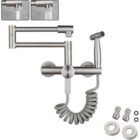 – Robinet mural de cuisine en acier inoxydable 304 – Pistolet de pulvérisation – 2 jets d'eau – Rotation 360° – Installation facile 13CM-17CM (1/5)