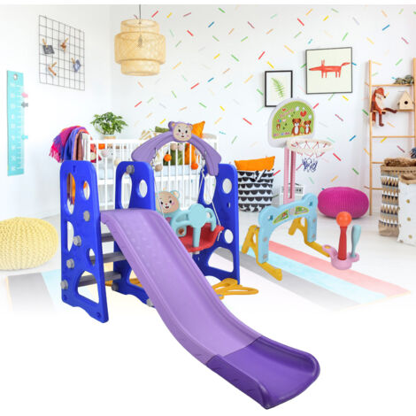 Ensemble de balançoire et toboggan 5 en 1 pour enfants avec panier de basket-ball, jouet d'intérieur et d'extérieur pour enfants de la maternelle, bleu (1/4)