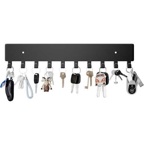 Porte-clés mural en métal noir avec 8 crochets robustes pour couloir, cuisine, chambre à coucher, salon, salle de bain, bureau (1/5)