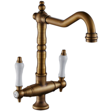 Mitigeur de lavabo Robinet de cuisine antique, pivotant à 360 °, robinet d'évier à deux poignées, mitigeur haute pression, bec haut en laiton (1/5)