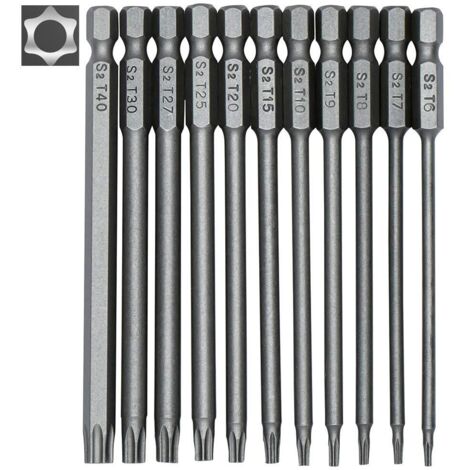 Memkey – Jeu de 11 embouts longs Torx 100 mm – Acier allié S2 – Tige hexagonale 1/4' – Tailles T6 à T40 – Embouts magnétiques pour espaces restreints (1/5)