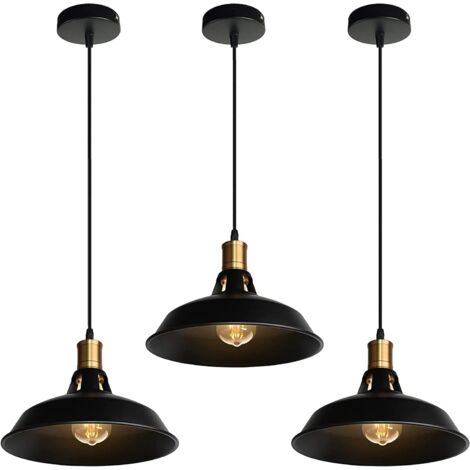 Suspension Lustre Industrielle Vintage Luminaire Plafonnier E27 Salon Abat-jour Plafond en Métal Rétro Style Nordique Design Câble Réglable (Noir, 3pcs) (1/5)