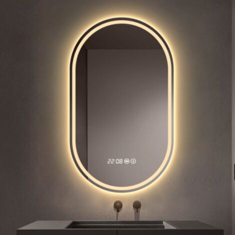 Miroir lumineux de salle de bain 50 x 80 cm – Anti-buée – Interrupteur tactile – Affichage heure – 3 couleurs lumière – Dimmable (1/4)