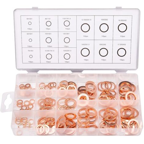 150pcs 15 Spécifications Joints Bague D'étanchéité, Rondelles En Cuivre Assortiment Kit, Cuivre Rondelles Joint bague d'étanchéité avec Boîte (1/5)