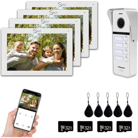 Interphone vidéo 1080P (Sonnette Filaire), Sonnette pour 4 familles, écran Tactile de 7 Pouces, déverrouillage Possible, interphone bidirectionnel (Blanc) (1/5)