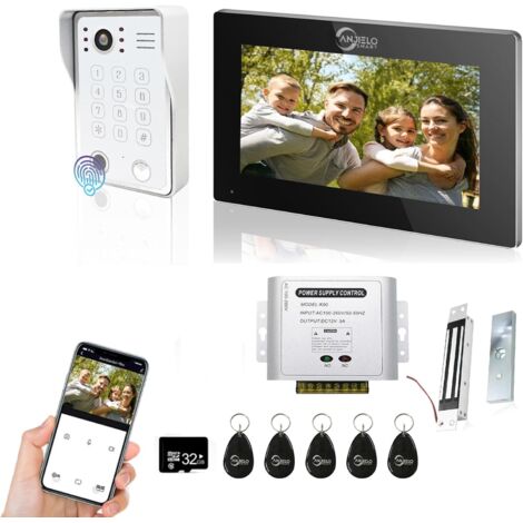 Interphone vidéo avec écran tactile de 7 pouces avec système de sonnette filaire 1080P, prise en charge d'empreintes digitales, carte RFID, mot de passe, avec serrure électromagnétique Blanc (1/5)
