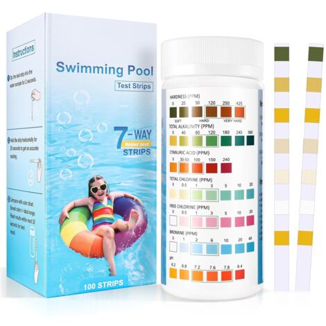 7 en 1 Testeur pour Eau de Piscine et Spa, 100 Bandelettes Test Piscine, Test Piscine Chlore et ph, Le Brome, la Dureté Totale, l’Alcalinité Totale, l’Acide cyanurique, Le Chlore Total (1/5)