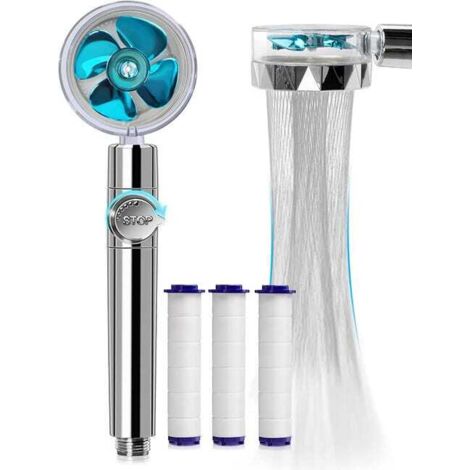 Pommeau de douche à main haute pression avec filtres Vortex Hydro Jet Turbo Propeller 360 degrés rotatif facile à installer (bleu) (1/5)