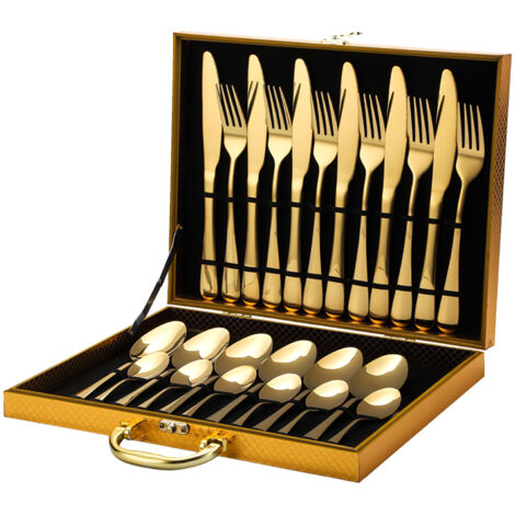 Service de couverts en acier inoxydable 24 pièces – Pour 6 personnes – Étui de rangement en bois – Finition miroir – Asupermall (1/5)