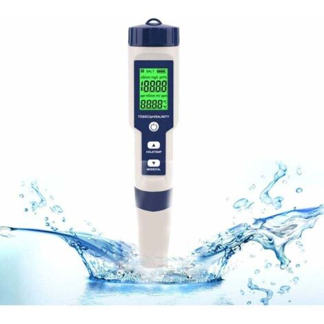 Testeur électronique de qualité d'eau 5 en 1 – Mesure pH, EC, TDS, sel et température – Étalonnage automatique – Compact pour piscine et aquarium