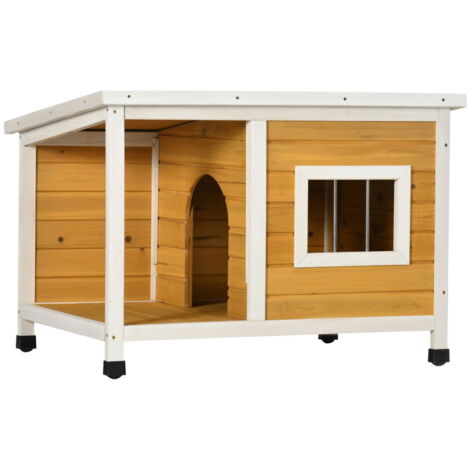 Niche pour chien en bois de sapin avec terrasse et toit à charnière pour petits chiens intérieur/extérieur Orange (1/4)