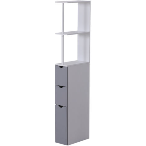 Etagère gain de place WC ou salle de bain 15L x 33l x 136H cm 3 niveaux 2 tiroirs et placard MDF métal blanc gris (1/5)