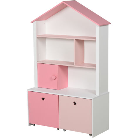 Bibliothèque étagère design maison 4 niches placard grand tiroir double compartiment MDF blanc rose (1/5)