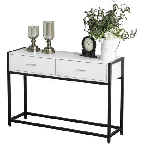 Console table d'appoint design dim. 120L x 34l x 81H cm 2 tiroirs métal noir panneaux particules blanc (1/5)