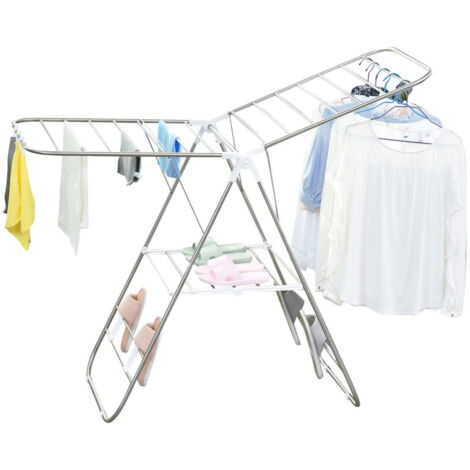 Sèche-linge pliable et portable, tiges télescopiques, acier inoxydable, plastique, argent + blanc, 146x60,5x98cm (1/4)