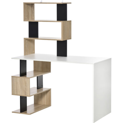 Bureau informatique design contemporain avec bibliothèque zig zag 6 étagères panneaux particules aspect chêne clair noir blanc (1/5)