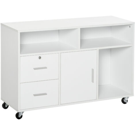 HOMCOM Support d'imprimante organiseur bureau caisson placard + 2 tiroirs + niches + grand plateau panneaux particules blanc (1/5)