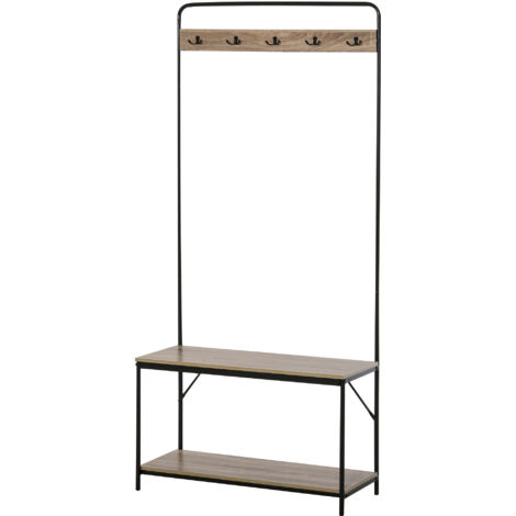 HOMCOM Vestiaire d'entrée banc porte-manteaux avec étagère à chaussures style industriel 80L x 30l x 170H cm imitation chêne clair métal noir (1/5)