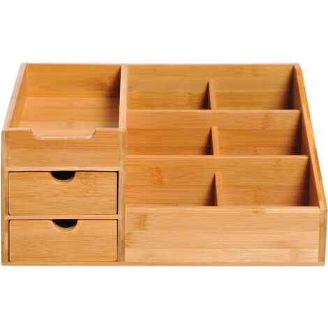 Boite de Rangement de Bureau - Organiseur de Bureau - 7 Compartiments, 2 tiroirs - Bambou Verni, Bambou (1/5)