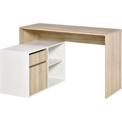 Bureau d'angle bureau informatique multimédia multi-rangement panneaux particules aspect chêne clair blanc (1/5)