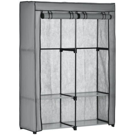 Armoire en tissu avec tringles à vêtements et 4 compartiments, armoire pliante, fermeture éclair, tissu non tissé, gris clair (1/4)