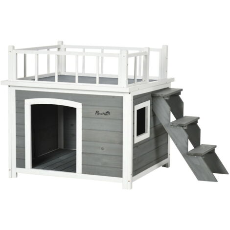 Niche pour chiens avec balcon, maison surélevée pour petits animaux avec escaliers, fenêtre, grotte pour chiens de taille moyenn (1/4)