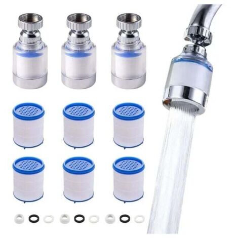 3 Stück 360° drehbarer Anti-Kalk-Wasserhahnfilter, transparent, mit 6 PP-Baumwoll-Filterelementen, Wasserhahnfilter