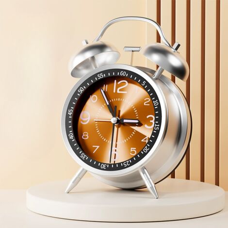 Analoger Retro-Wecker – Doppelglocke ohne Ticken – Vintage – wiederaufladbar – lautes Quarz – mit Nachtlicht – für Kinder – Tiefschlaf – Orange